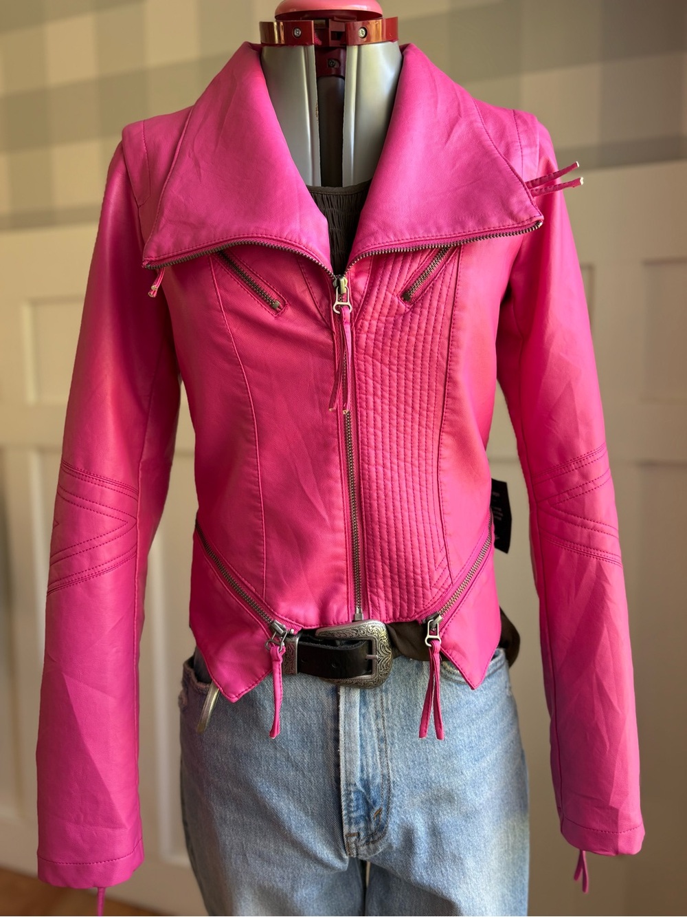 Lulu's Hot Pink Faux Leather Moto Jacket Small - Picture 6 of 10